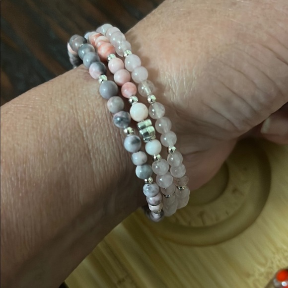 17” Pink Zebra Jasper & Rose Quartz Bracelet – 4mm Beads, Silver Accents - Picture 1 of 7